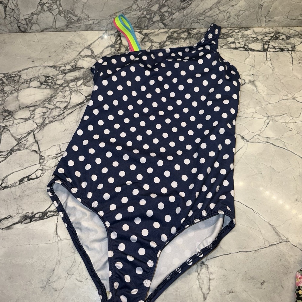 Lands End Girls Size 12 Polka Dot Swimsuit One Piece Navy Blue Rainbow Strap